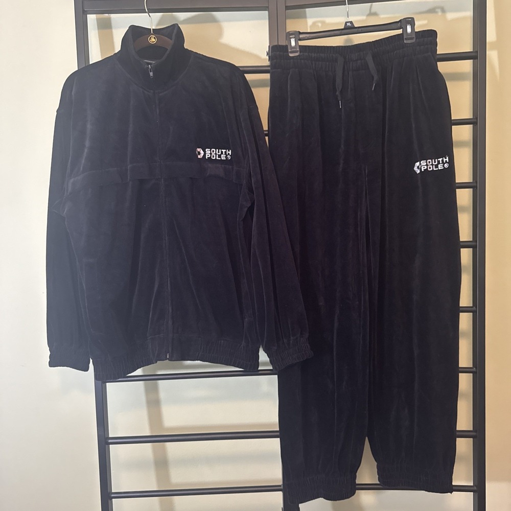 VTG South Pole Tracksuit Black Velour Jacket And Pants Y2K Hip Hop‎ Mens Medium